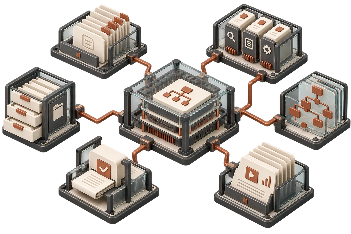 A central orchestration processor linked to source intake, research agents, memory, workflow controls, verification, and learning outputs.